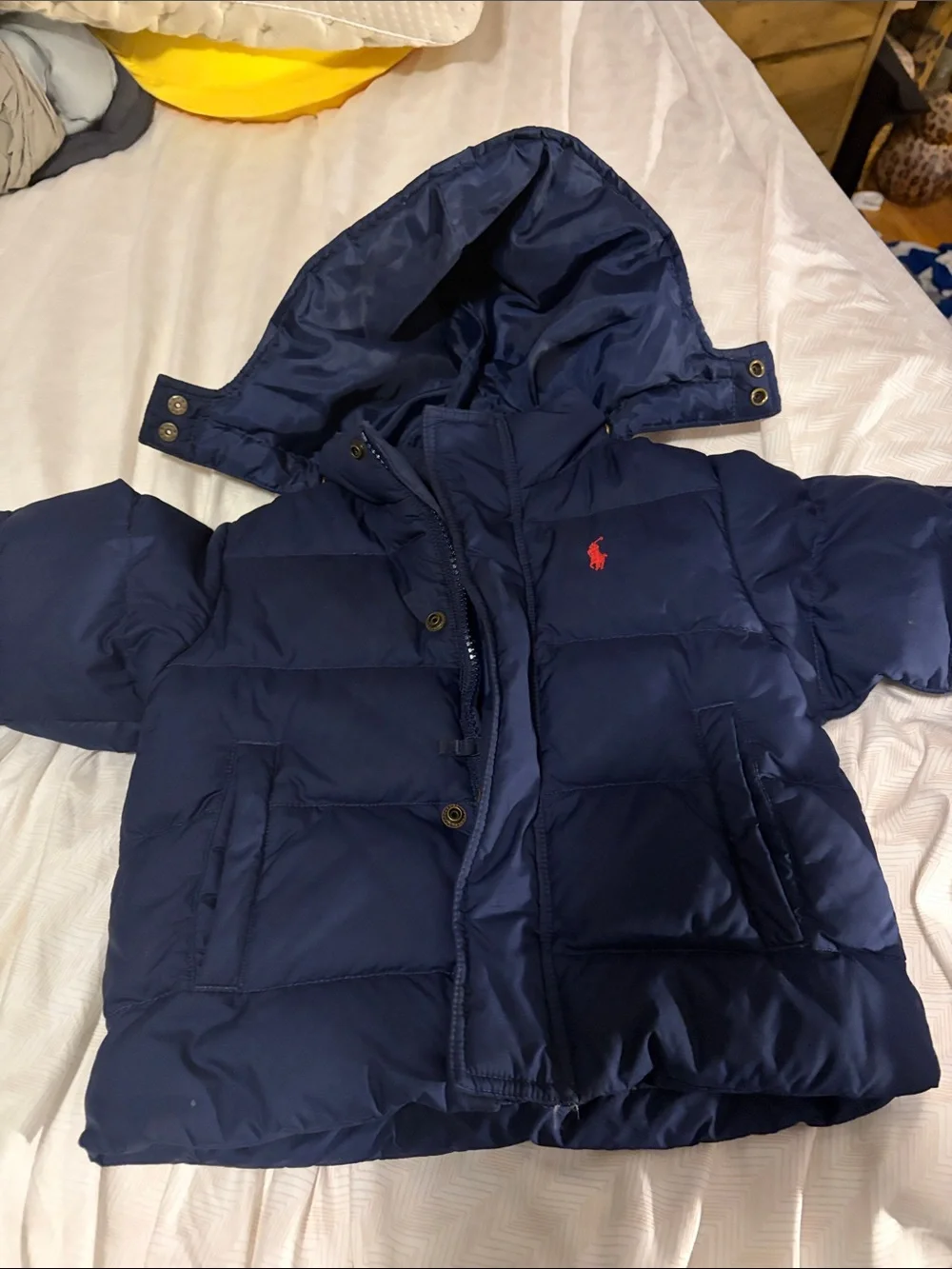 Ralph Lauren Navy Hooded Puffer Jacket with Red Polo Logo - 18M